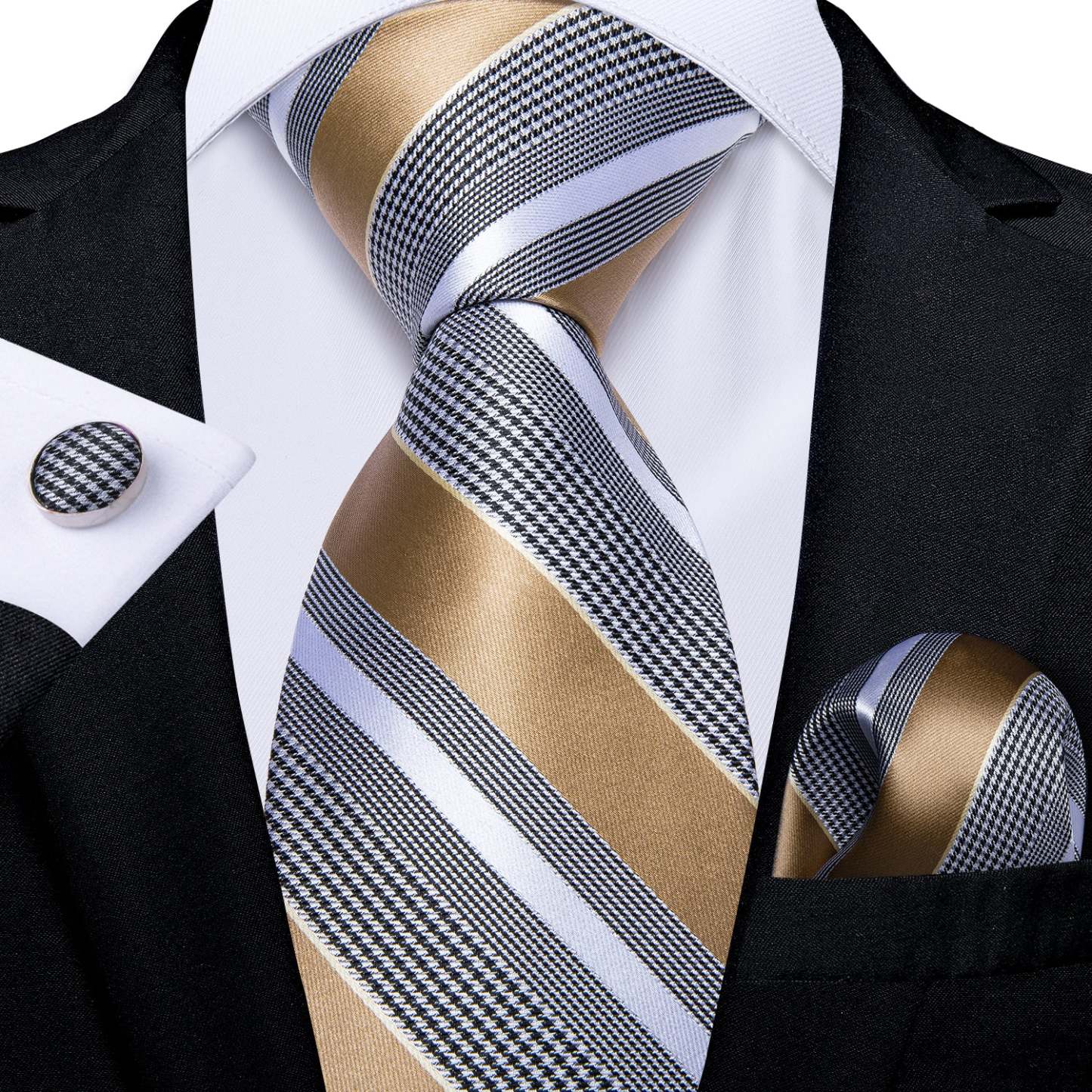 Men's Formal Work Tie Grey Yellow Striped Tie Pocket Square Cufflinks Set