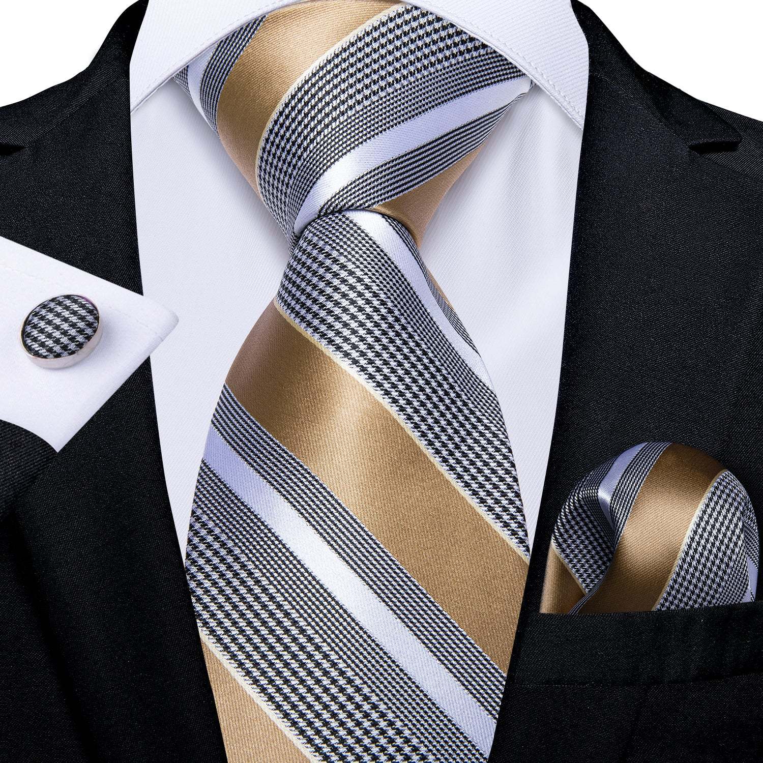 Men's Formal Work Tie Grey Yellow Striped Tie Pocket Square Cufflinks Set