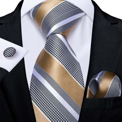 Men's Formal Work Tie Grey Yellow Striped Tie Pocket Square Cufflinks Set