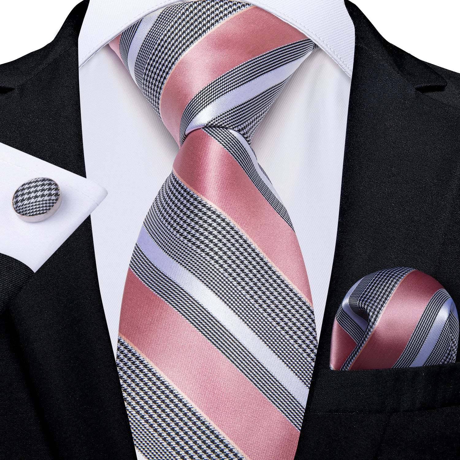 Men's Formal Work Tie Grey Yellow Striped Tie Pocket Square Cufflinks Set