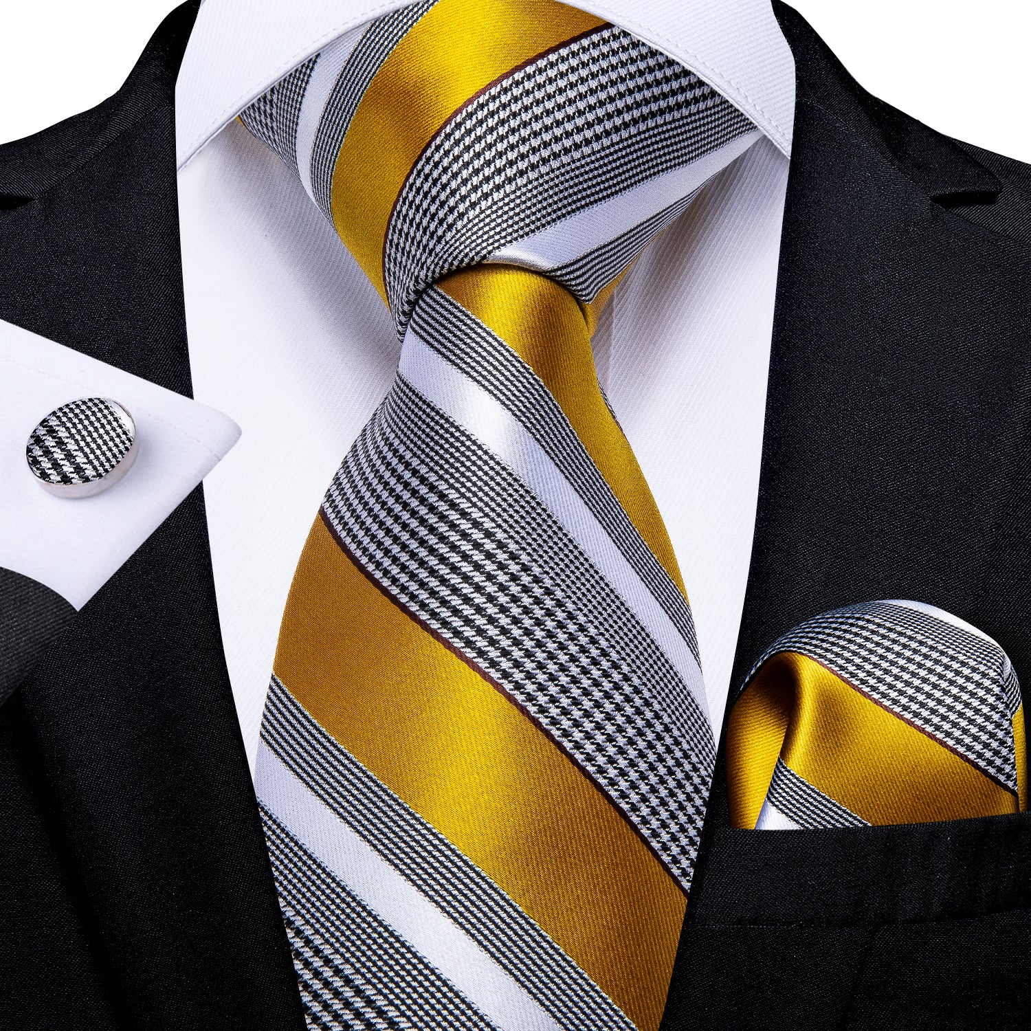 Men's Formal Work Tie Grey Yellow Striped Tie Pocket Square Cufflinks Set
