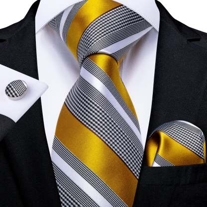 Men's Formal Work Tie Grey Yellow Striped Tie Pocket Square Cufflinks Set