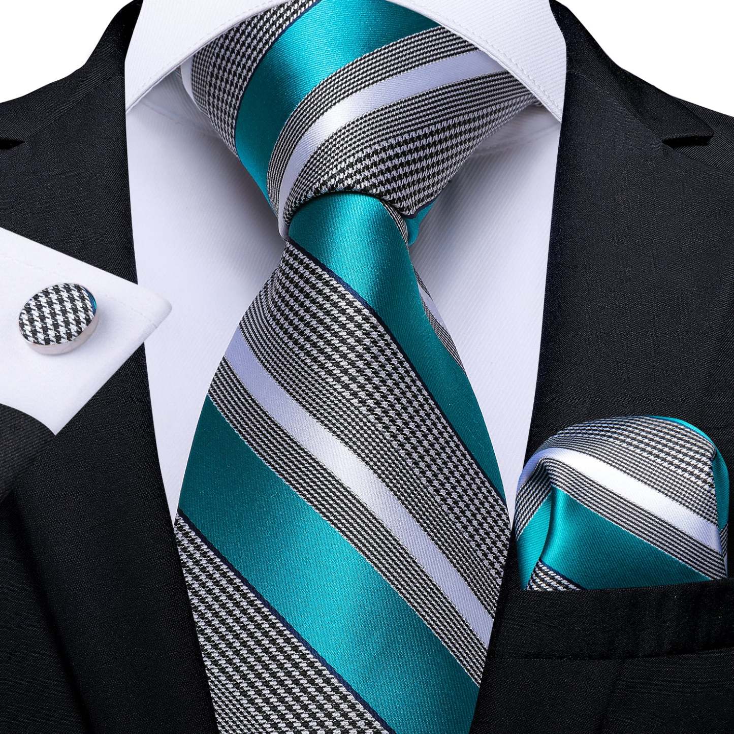 Men's Formal Work Tie Grey Yellow Striped Tie Pocket Square Cufflinks Set