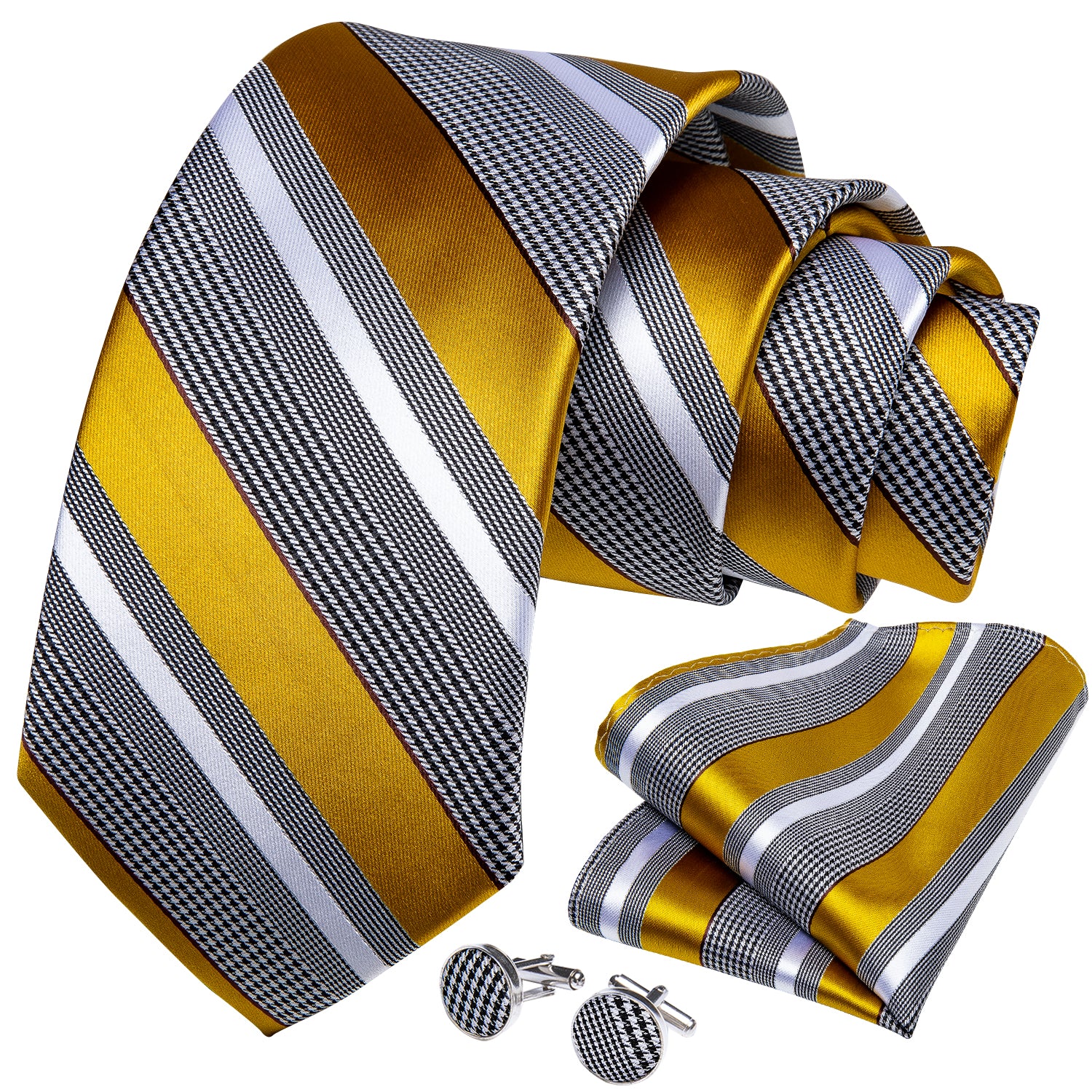 Men's Formal Work Tie Grey Yellow Striped Tie Pocket Square Cufflinks Set
