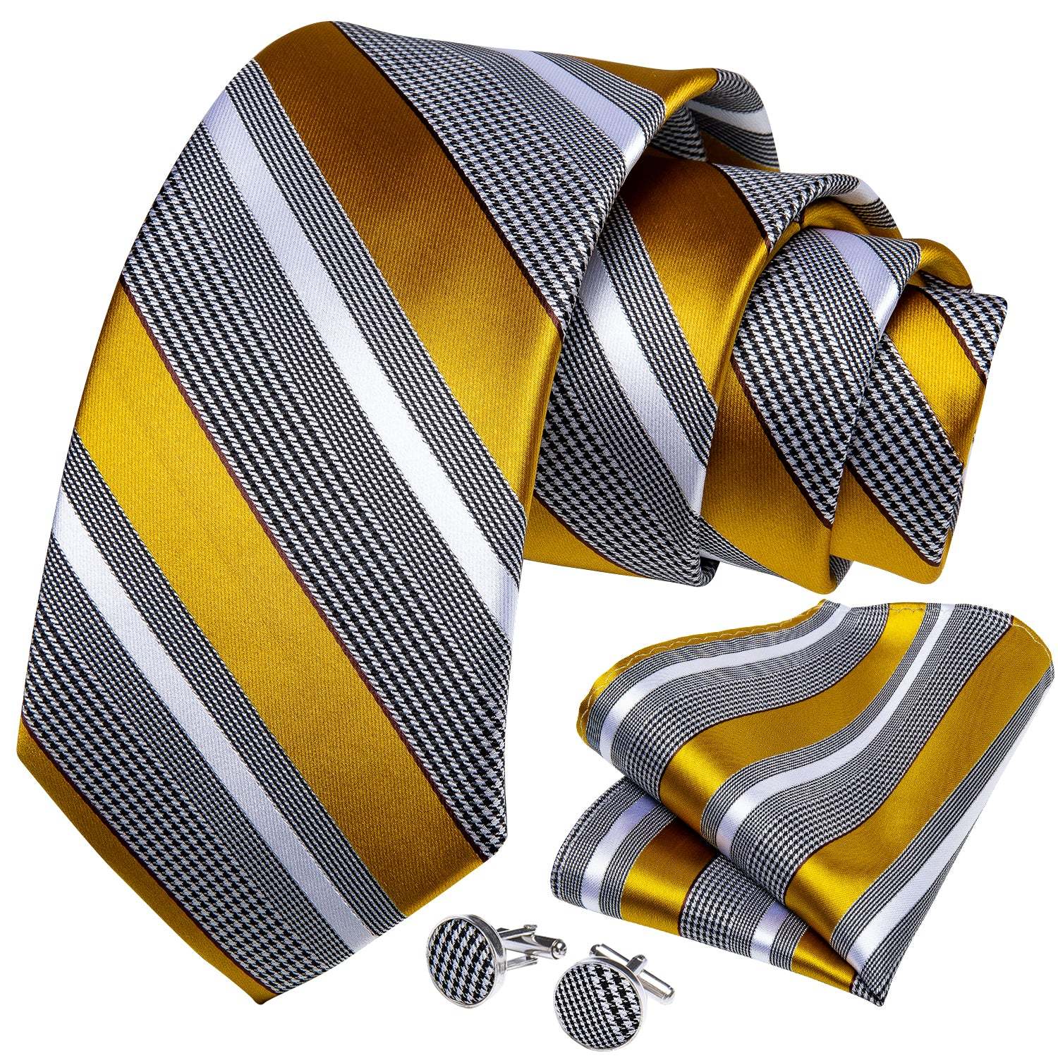 Men's Formal Work Tie Grey Yellow Striped Tie Pocket Square Cufflinks Set