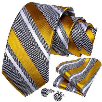 Men's Formal Work Tie Grey Yellow Striped Tie Pocket Square Cufflinks Set