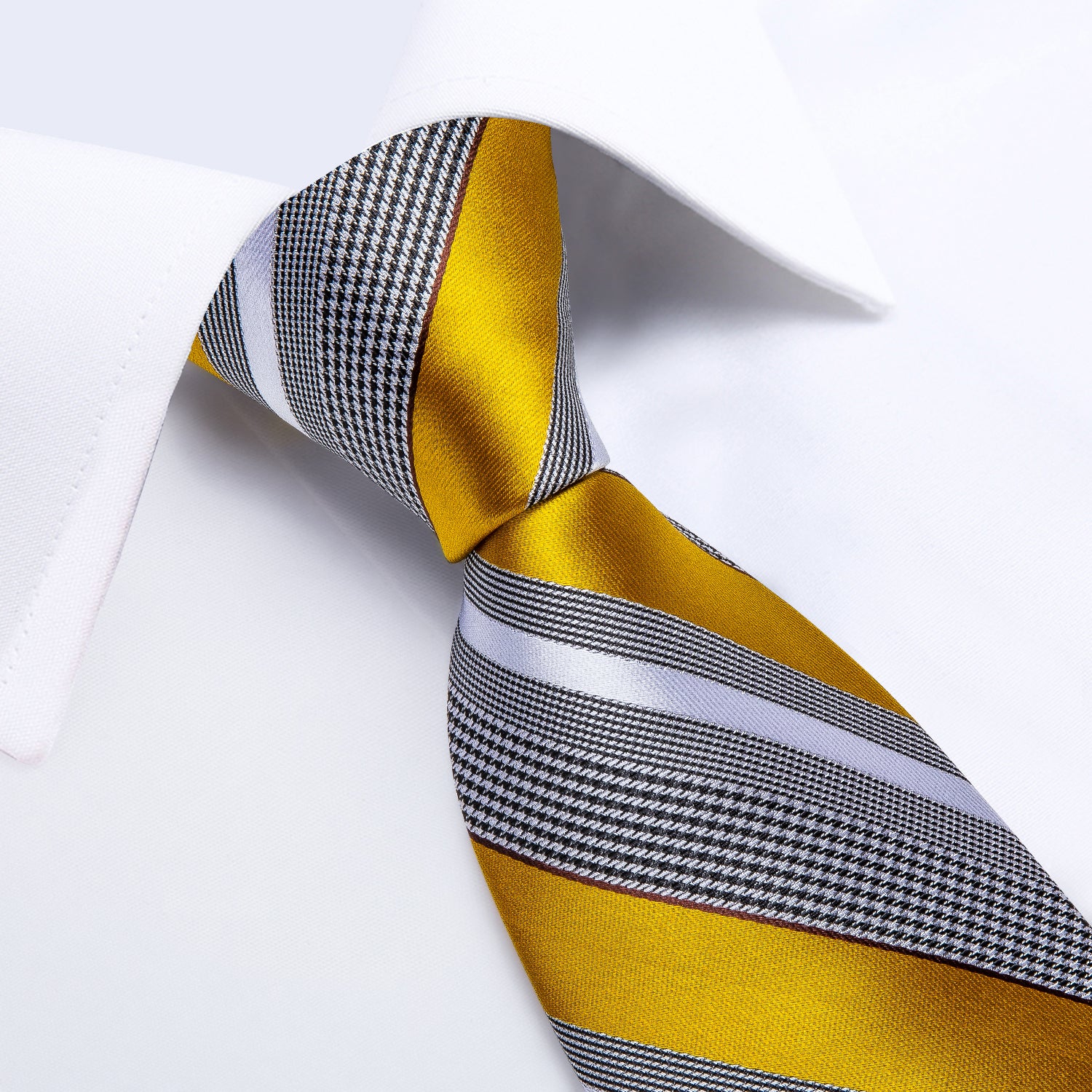 Men's Formal Work Tie Grey Yellow Striped Tie Pocket Square Cufflinks Set