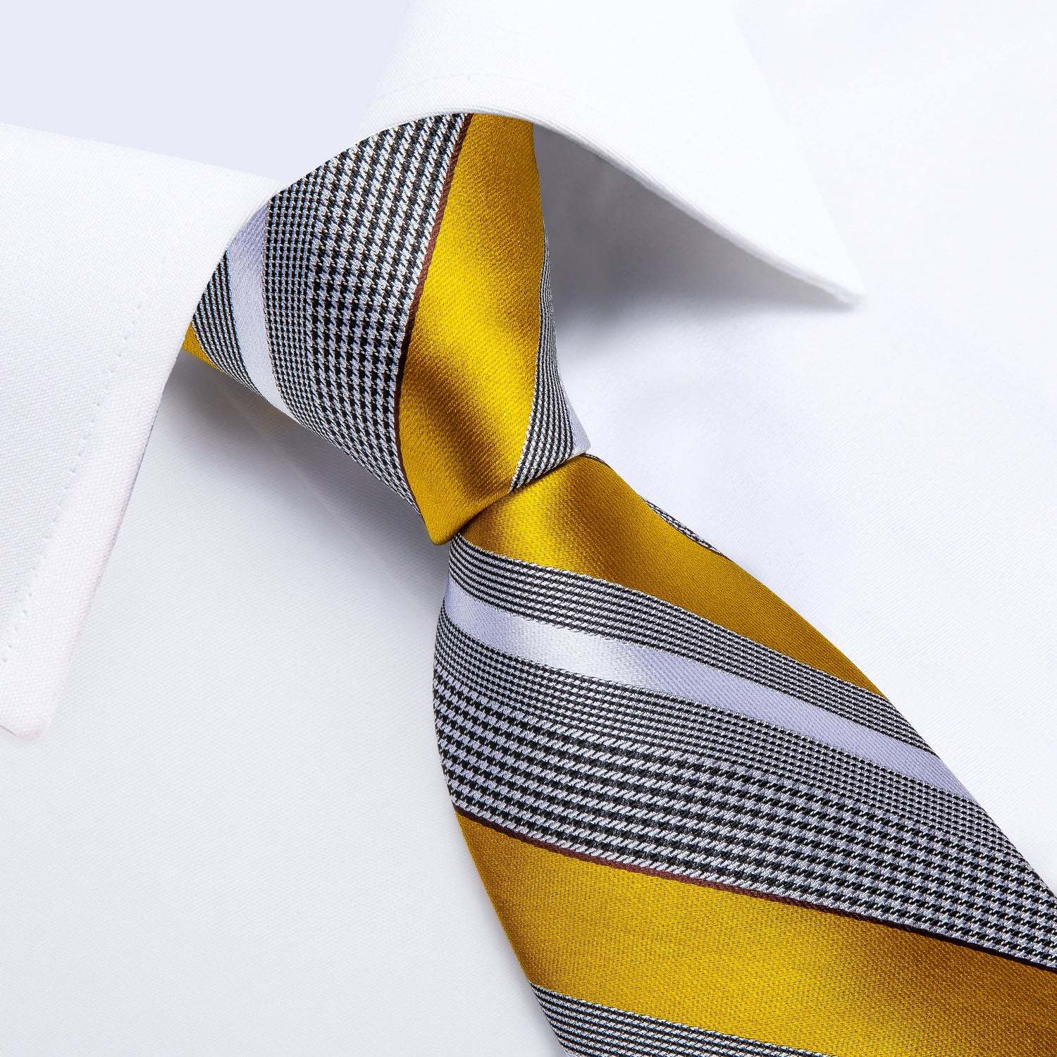 Men's Formal Work Tie Grey Yellow Striped Tie Pocket Square Cufflinks Set