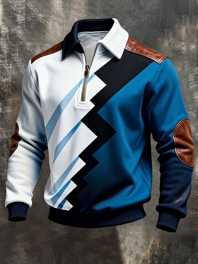 Men's Retro Color Block Print Color-Blocked Zip-Up Sweatshirt