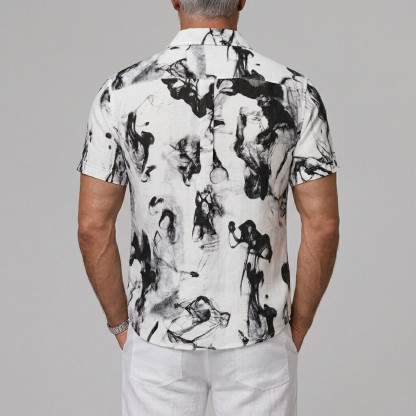 Men's Ink-wash Print Button Vacation Cuffed Edge Short Sleeve Shirt