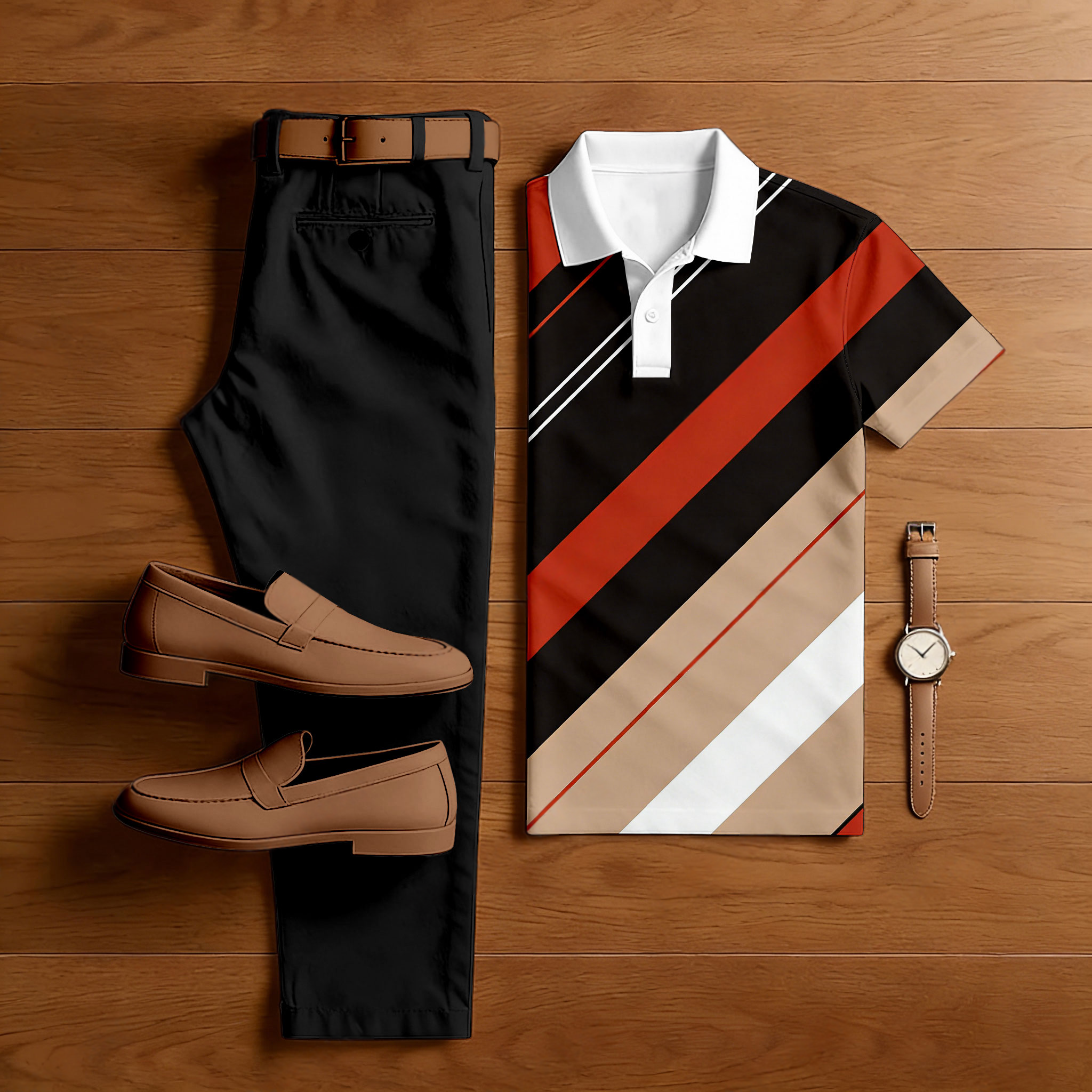 Men's Casual Black & White & Red Color Matching Striped Printed Short Sleeved Polo Shirt & Trousers Two-Piece Set