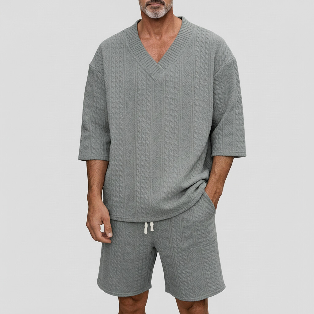 Men's Geometric Texture V Neck Drop Shoulder Half Sleeve Loose T-Shirt & Drawstring Shorts 2Pcs Set