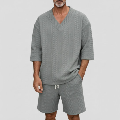 Men's Geometric Texture V Neck Drop Shoulder Half Sleeve Loose T-Shirt & Drawstring Shorts 2Pcs Set