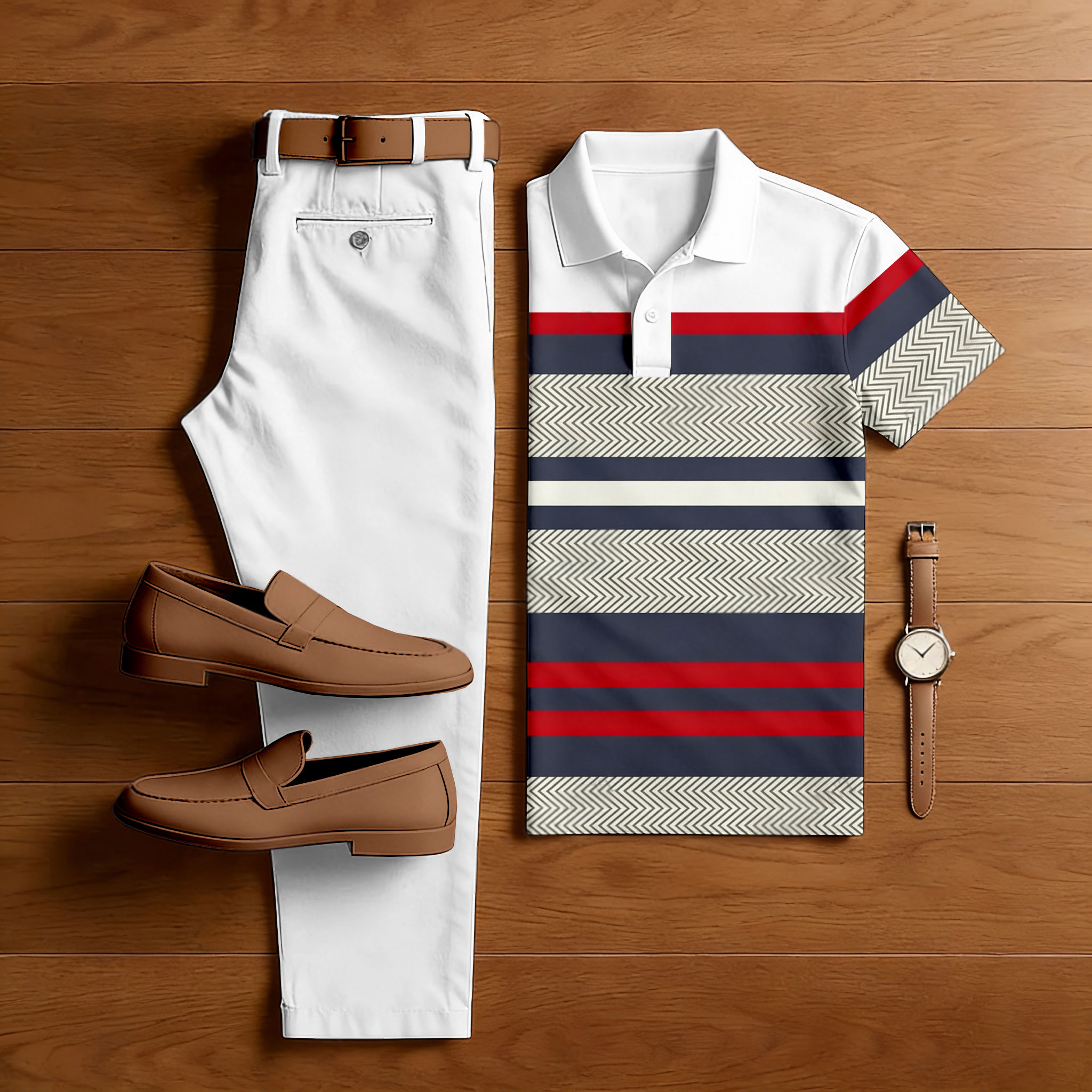Men's Casual White & Multi Color Matching Geometric Printed Short Sleeved Polo Shirt & Trousers Two-Piece Set