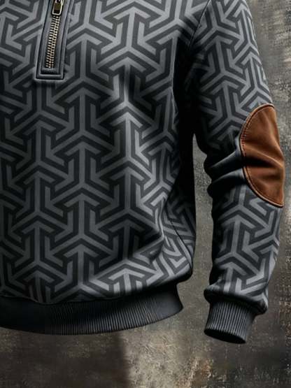 Men's Retro Color Block Print Color-Blocked Zip-Up Sweatshirt