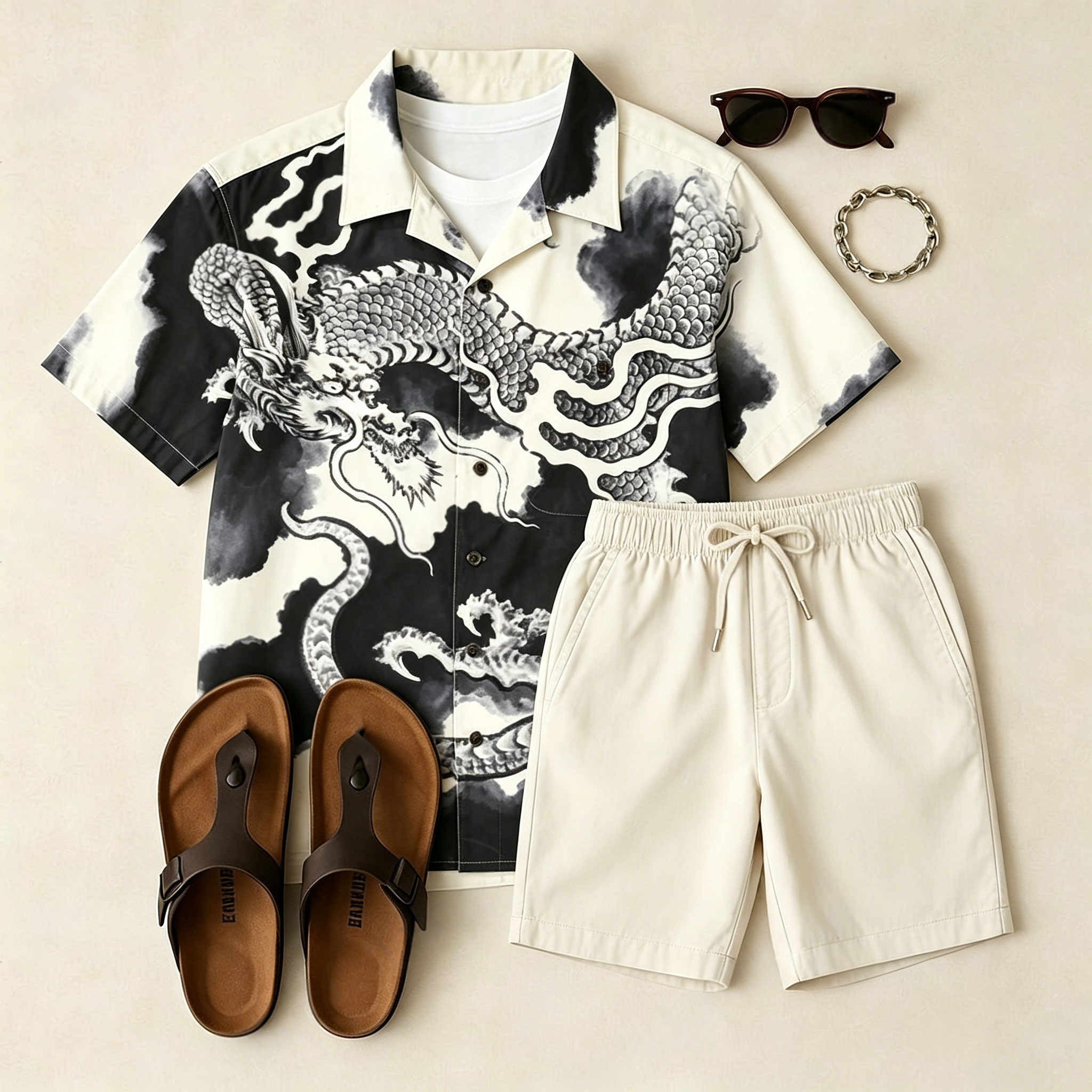 Men's Casual White & Black Smudges Short-Sleeve Shirt And Printed Shorts Two-Piece Set