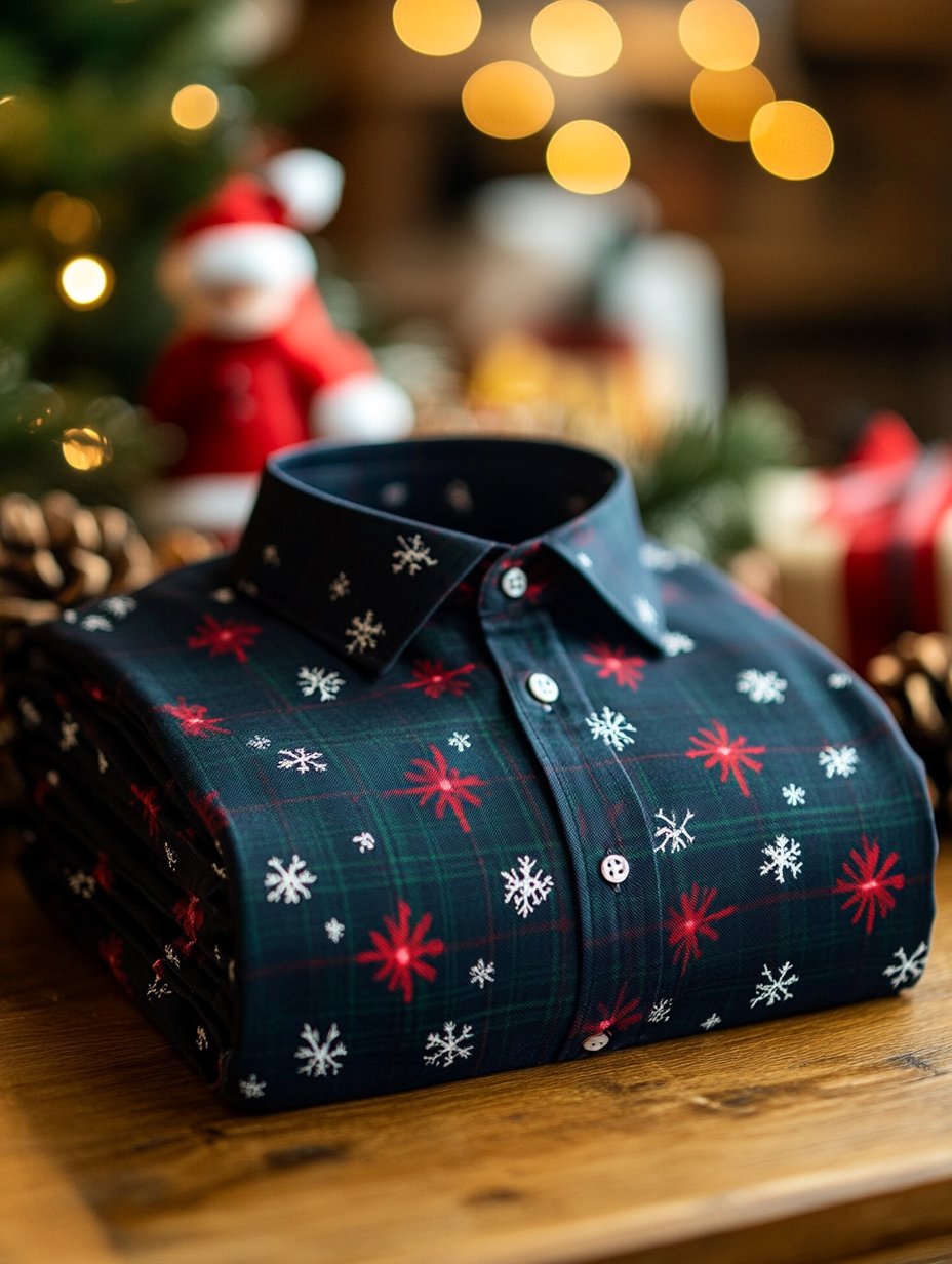 Men's Business New Year Christmas Snowflake Print Long Sleeve Shirt