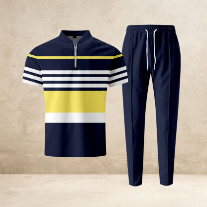 Men's Navy Blue Stripes Printed Casual Two-Piece Set: Short-Sleeve Zip-Up Top & Trousers
