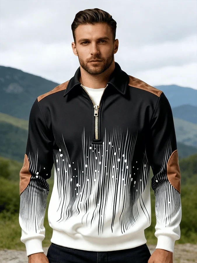 Men's Retro Color Block Print Zipper Sweatshirt