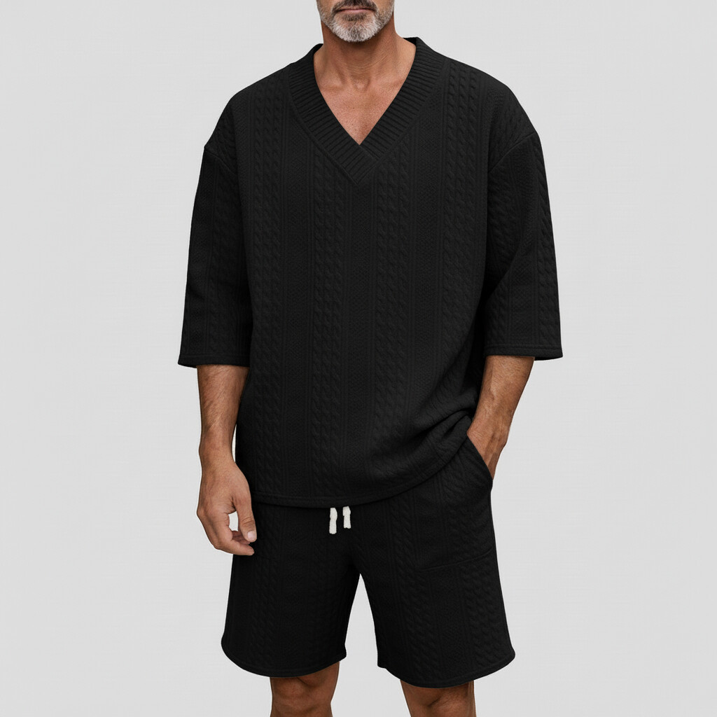 Men's Geometric Texture V Neck Drop Shoulder Half Sleeve Loose T-Shirt & Drawstring Shorts 2Pcs Set