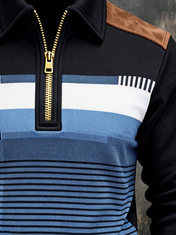 Men's Retro Color Block Print Zipper Sweatshirt