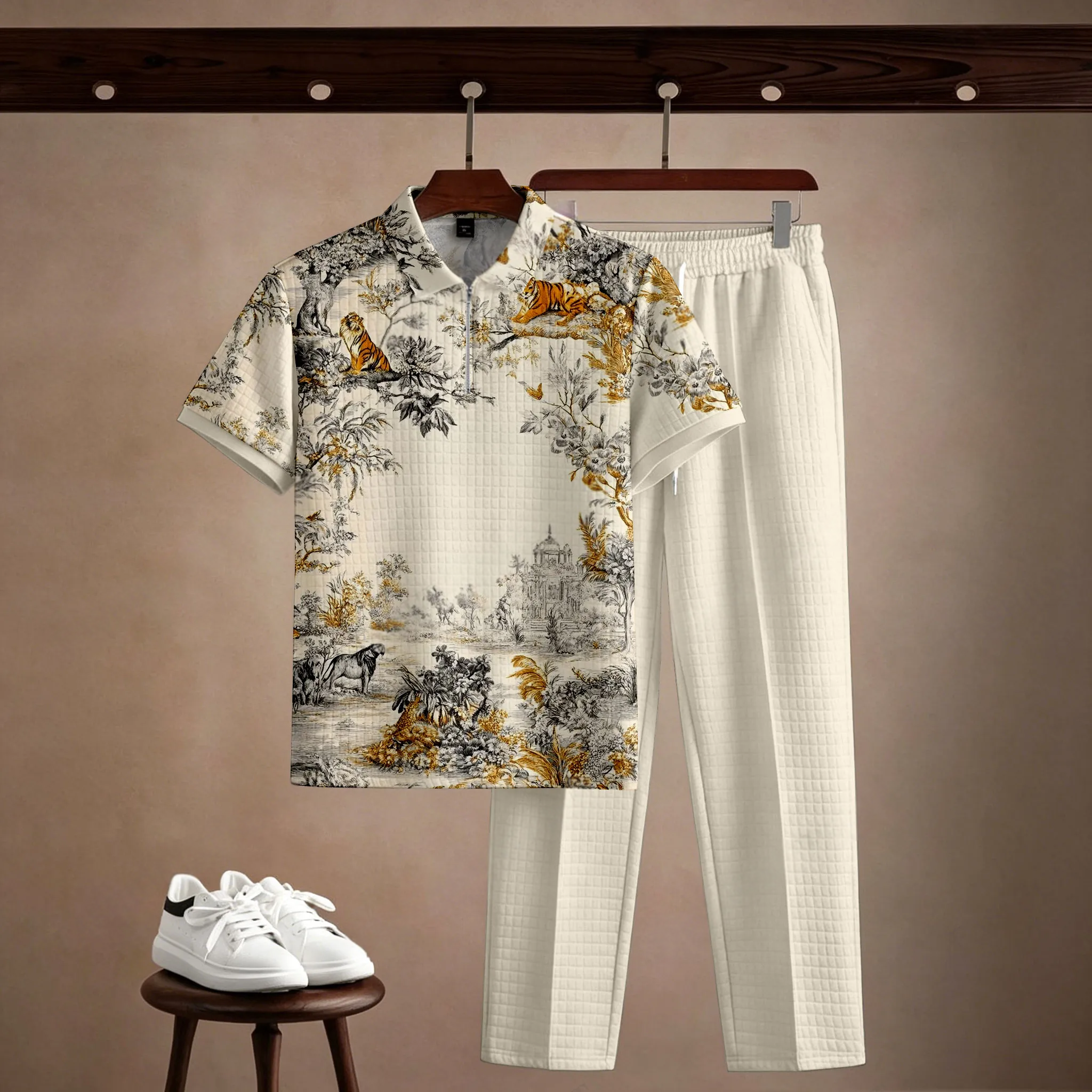 Men's Casual Off White Printed Polo Short-Sleeve T-Shirt And Pants Two-Piece Set