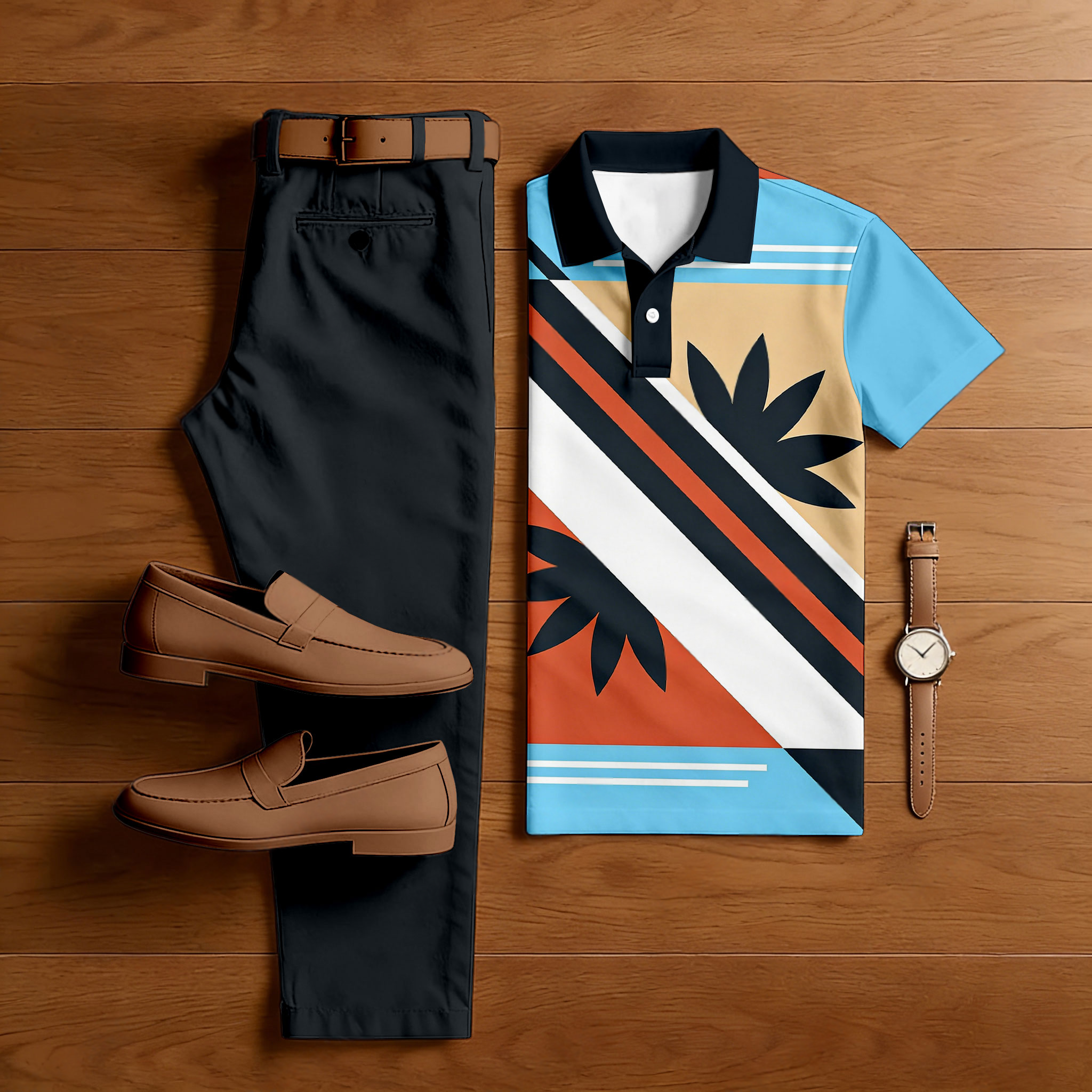 Men's Casual Black & Blue Color Matching Geometric Printed Short Sleeved Polo Shirt & Trousers Two-Piece Set