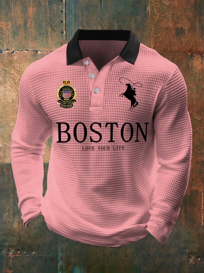 Men's Retro Business Casual Waffle Fabric Long Sleeve Polo Shirt