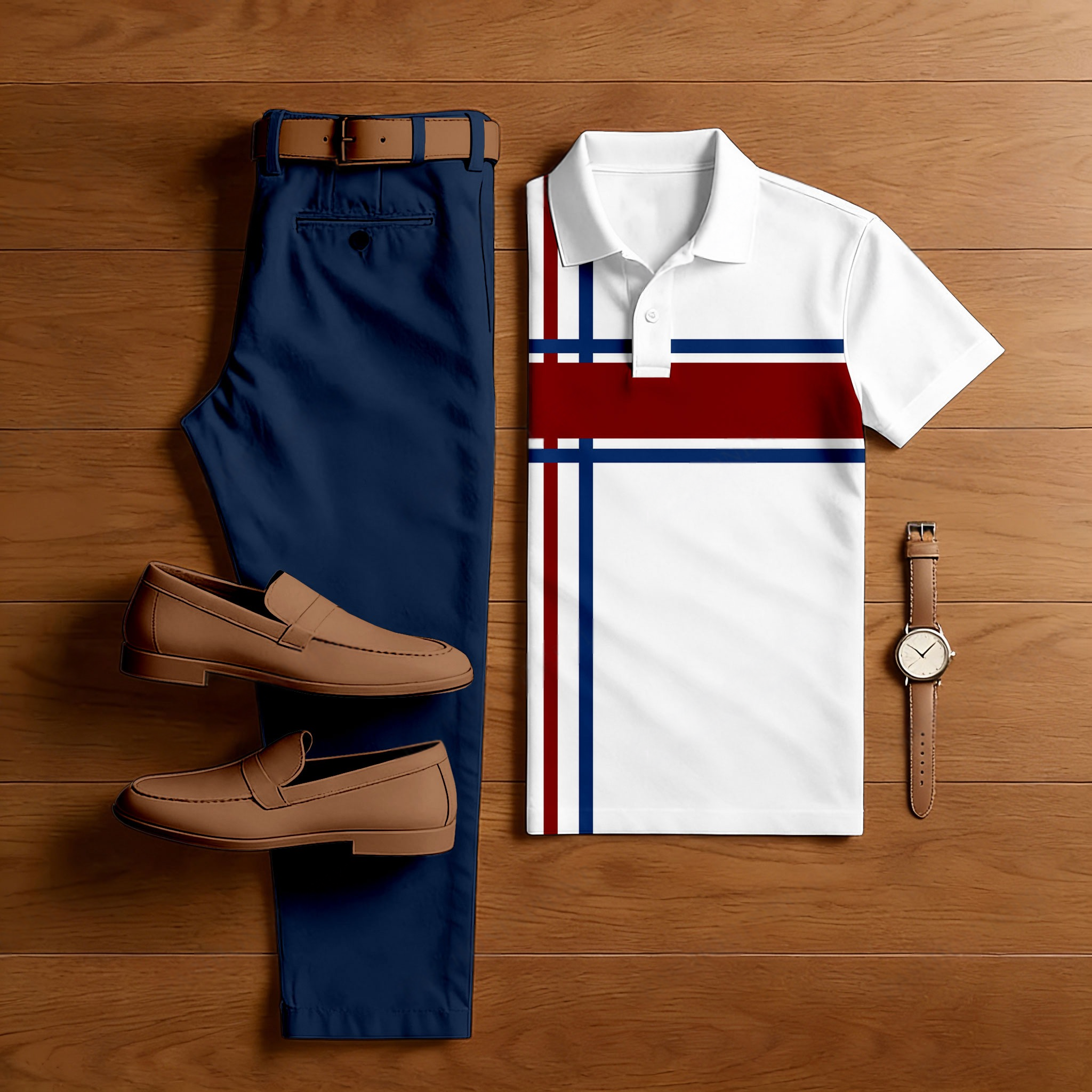 Men's Casual White Color Matching Geometric Printed Short Sleeved Polo Shirt & Trousers Two-Piece Set