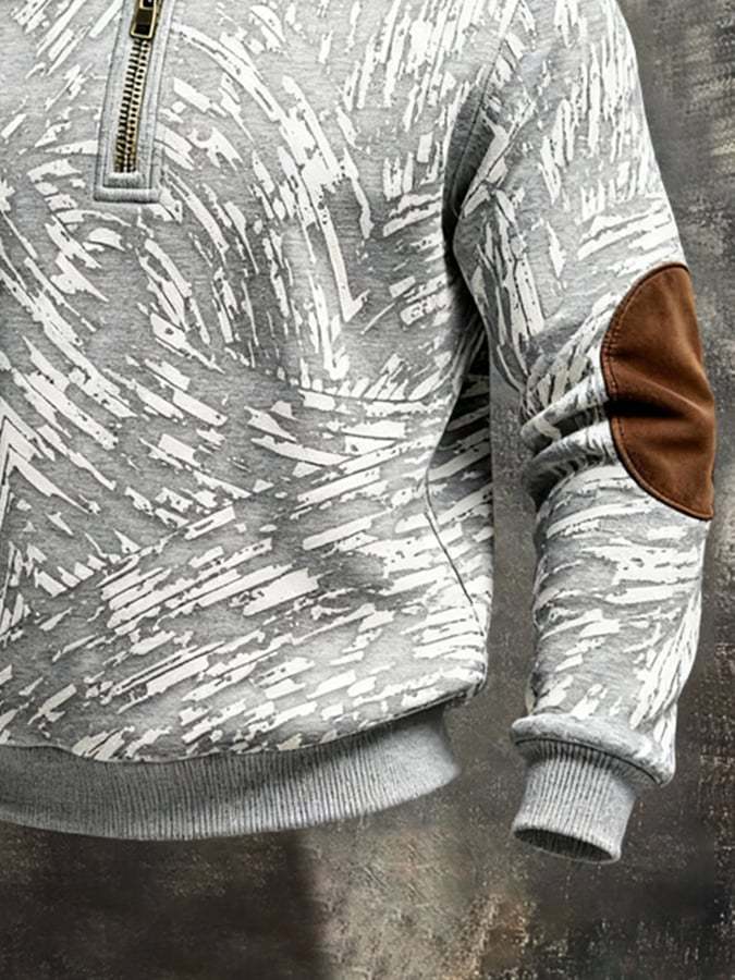 Men's Retro Color Block Print Color-Blocked Zip-Up Sweatshirt