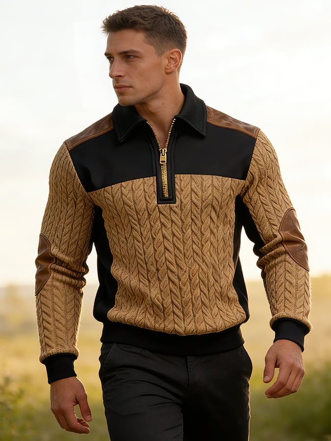 Men's Retro Jacquard Textured Patchwork Comfortable Color-Blocked Zip-Up Sweatshirt