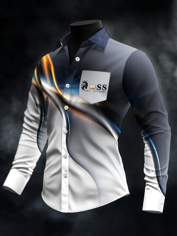 Men's Retro Letter Design Printed Business Long Sleeve Pocket Shirt