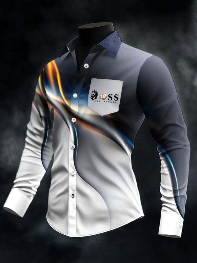 Men's Retro Letter Design Printed Business Long Sleeve Pocket Shirt