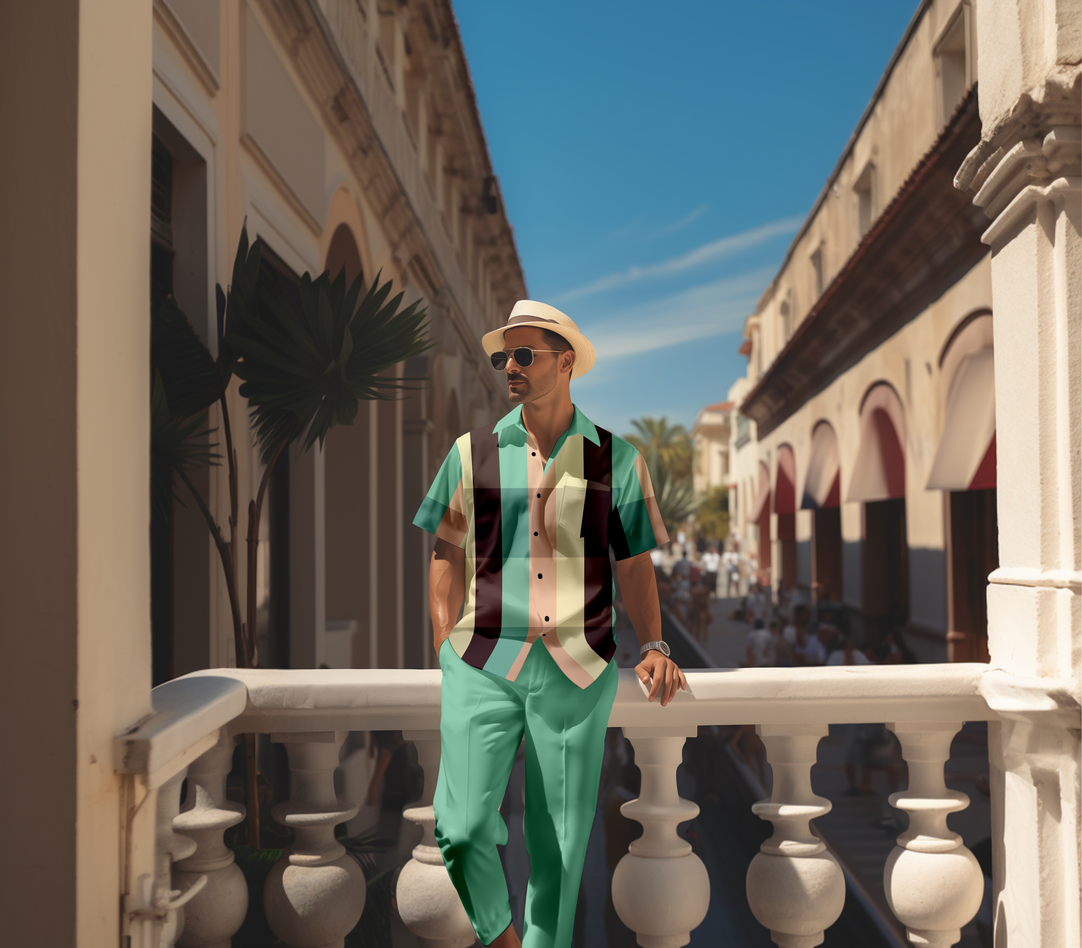 Men's retro colorblock short-sleeved shirt walking Suit 1699