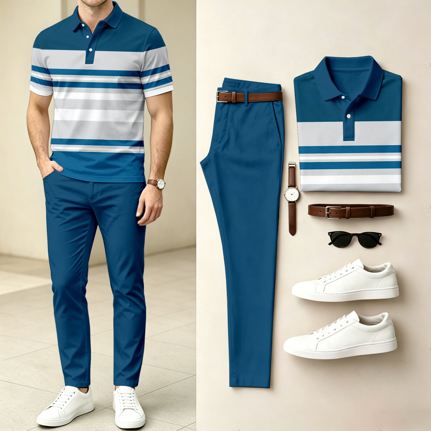 Men's Casual Striped Patchwork Print Short-Sleeve Polo Shirt And Pants Set (Excludes Accessories Such As Watches And Belts)