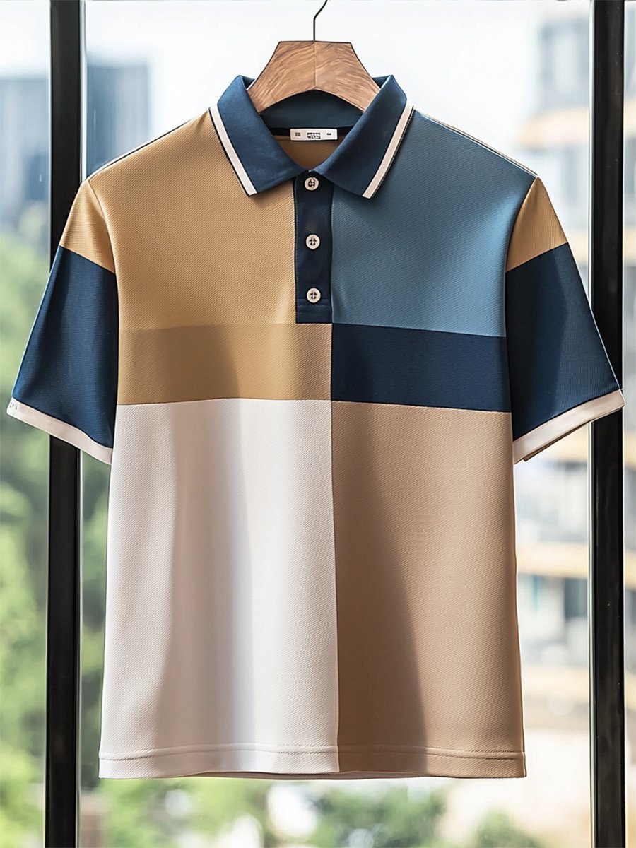 Men's Casual Business Polo Shirt Short Sleeve Button Down Striped Prin