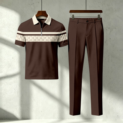 Men's Casual Brown Plaid Printed Polo Short-Sleeve T-Shirt And Pants Two-Piece Set