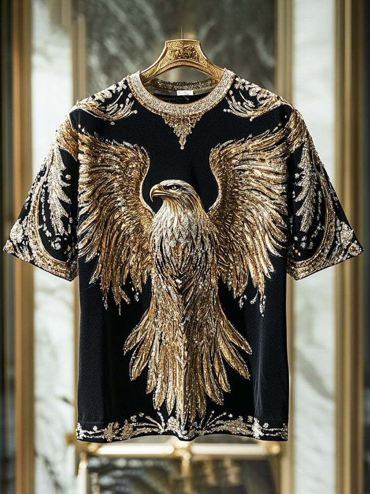 Men's Eagle Sequin Business Print Short Sleeve T-Shirt
