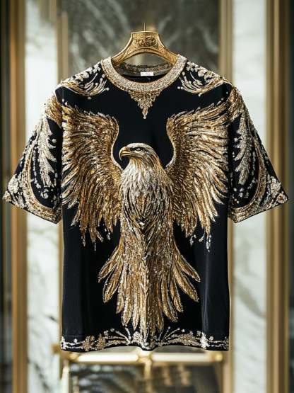 Men's Eagle Sequin Business Print Short Sleeve T-Shirt
