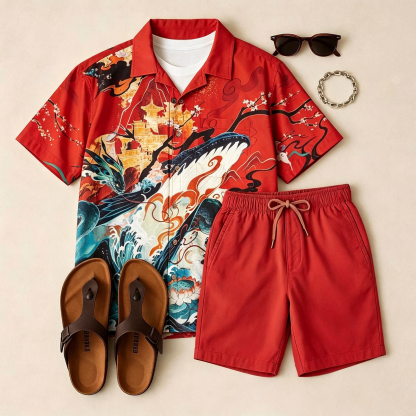 Men's Casual Red Short-Sleeve Shirt And Printed Shorts Two-Piece Set