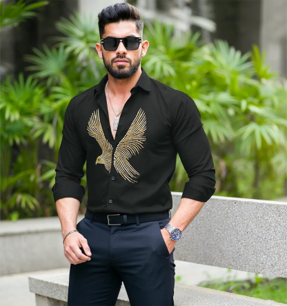 Men’s Black Golden Eagle Embellished Shirt