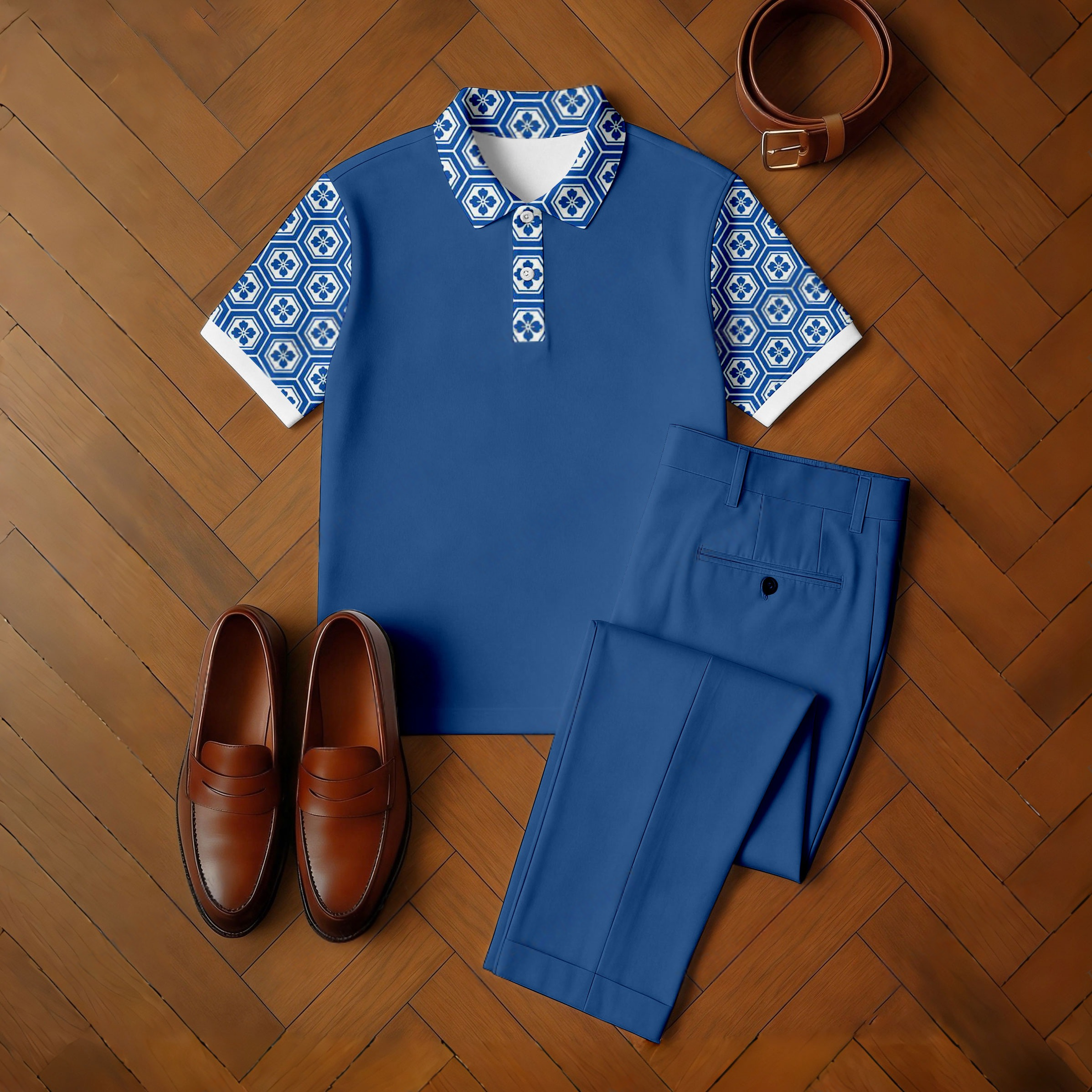 Men's Casual Blue & White Color Matching Retro Style Printed Short Sleeved Polo Shirt & Trousers Two-Piece Set