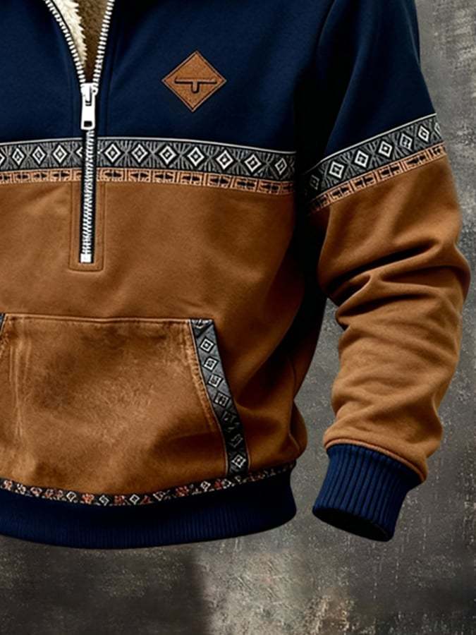 Men's Retro Color Block Printed Fur Collar Sweatshirt