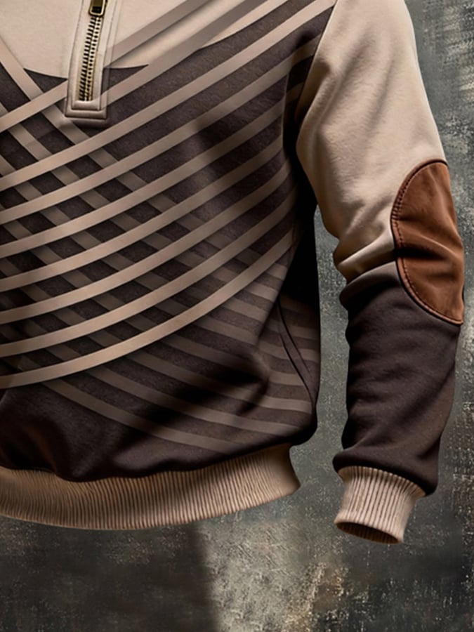 Men's Retro Color Block Print Color-Blocked Zip-Up Sweatshirt