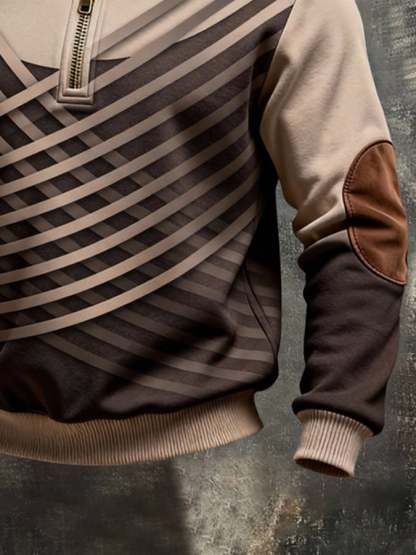 Men's Retro Color Block Print Color-Blocked Zip-Up Sweatshirt