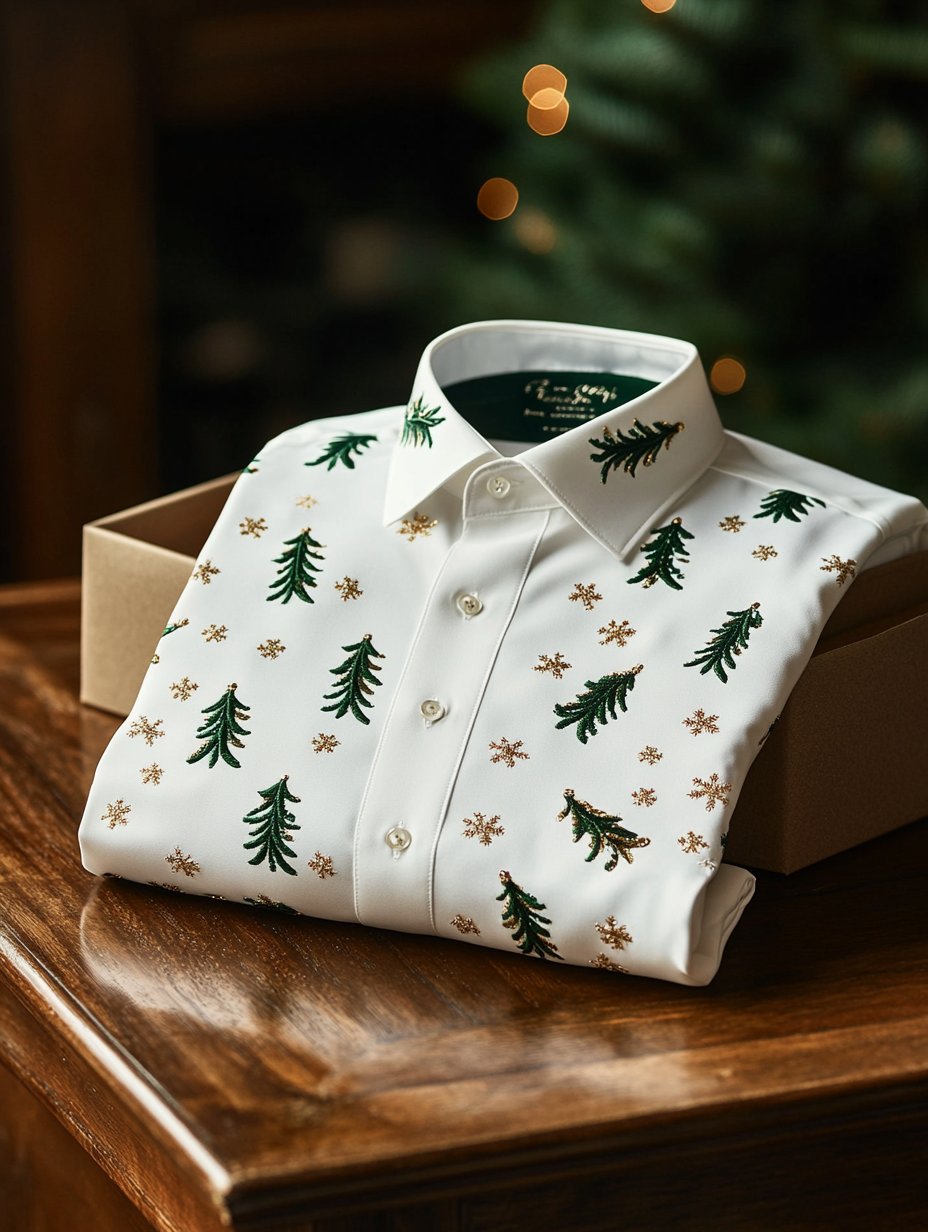 Men's Business Retro Christmas Evergreen Pine Snowflake Print Long Sleeve Shirt
