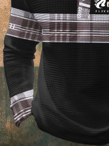 Men's Retro Letter Design Waffle Fabric Long Sleeve Polo Shirt