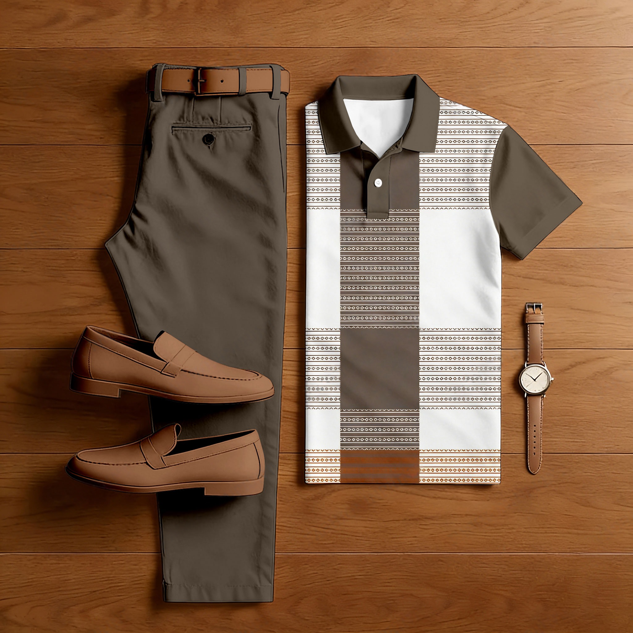 Men's Casual Coffee & White Color Matching Retro Style Checkered Printed Short Sleeved Polo Shirt & Trousers Two-Piece Set