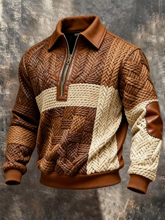 Men's Retro Color Block Print Zipper Sweatshirt