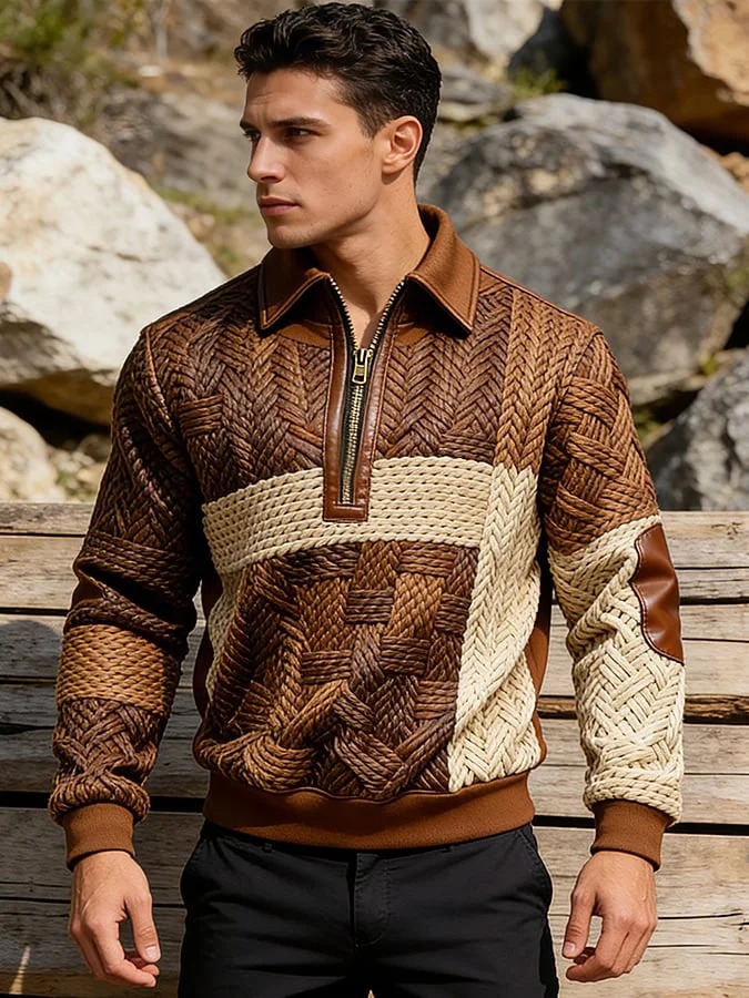 Men's Retro Color Block Print Zipper Sweatshirt